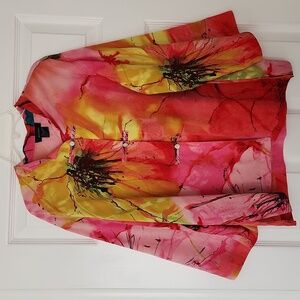 Natori Silk Watercolor Floral Kimono Style Blouse Size Large